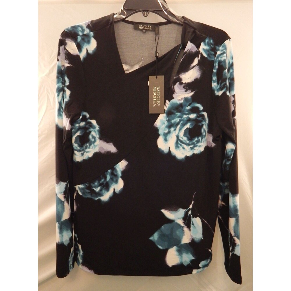 Badgley Mischka Women MED Top Black w/ Turquoise Floral Accents Asymmetrical NWT